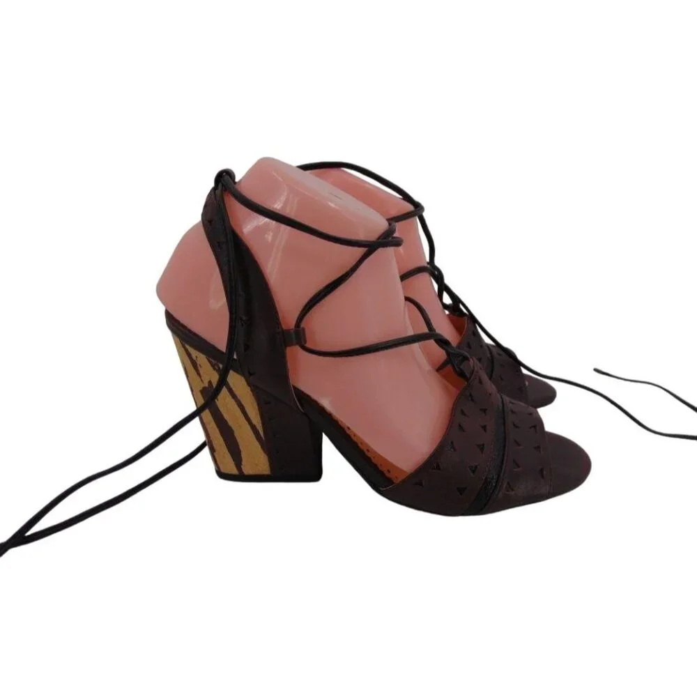 Anthropologie Faryl Robin Caley Lace Up Ankle Tie Heels 9.5 Chunky Heel Laser - Picture 13 of 13